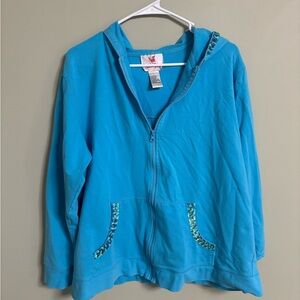 Quacker Factory Hoodie Womens Size Large Blue Full Zip Sweatshirt Sequins Trim